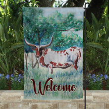 Load image into Gallery viewer, Custom Longhorn Cow Garden Yard Flag, Personalized Welcome Garden Flag, Double Sided Large 12 x 18
