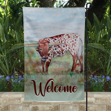 Load image into Gallery viewer, Custom Longhorn Cow Garden Yard Flag, Personalized Welcome Garden Flag, Double Sided Large 12 x 18
