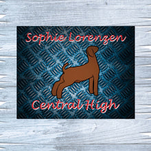 Load image into Gallery viewer, Customize your show pen with a metal goat sign tailored to your preferences—choose from fonts, styles, and personalized details like your name or school. Crafted meticulously at Lorenzen Farm in Oklahoma, these durable signs feature enduring designs that resist fading. Elevate your livestock show with a custom metal goat sign, available in multiple sizes from Lorenzen Farm Art. Perfect for enhancing your exhibit and making memorable gifts for youth show participants.
