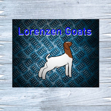 Load image into Gallery viewer, Customize your show pen with a metal goat sign tailored to your preferences—choose from fonts, styles, and personalized details like your name or school. Crafted meticulously at Lorenzen Farm in Oklahoma, these durable signs feature enduring designs that resist fading. Elevate your livestock show with a custom metal goat sign, available in multiple sizes from Lorenzen Farm Art. Perfect for enhancing your exhibit and making memorable gifts for youth show participants.
