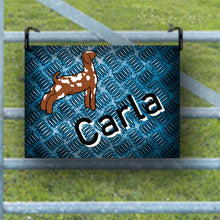 Load image into Gallery viewer, Show off your goat in style with our custom metal nameplate! Each personalized sign can feature your goat&#39;s name and comes in a variety of fonts and goat designs. It&#39;s a wonderful gift for young showmen and women. Don’t see what you’re looking for? Contact us, and we’ll help you create the ideal sign for your goat&#39;s show pen!
