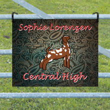 Load image into Gallery viewer, Personalize your show pen with a metal goat sign, customizable with your name, school, or goat&#39;s name. Choose from various fonts and styles to create a perfect addition to your youth show exhibit.
