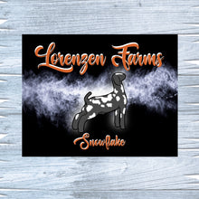 Load image into Gallery viewer, Customizable metal show sign for your goat. Personalize with your name, school name, or animal&#39;s name. Ideal gift for youth show person. Accessorize with various fonts and goat types.
