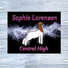 Load image into Gallery viewer, Metal show sign for your goat, personalized with your name, school name, or animal&#39;s name. Great gift for youth show person. Accessorize with different fonts and types of goat. Message me for more variations.
