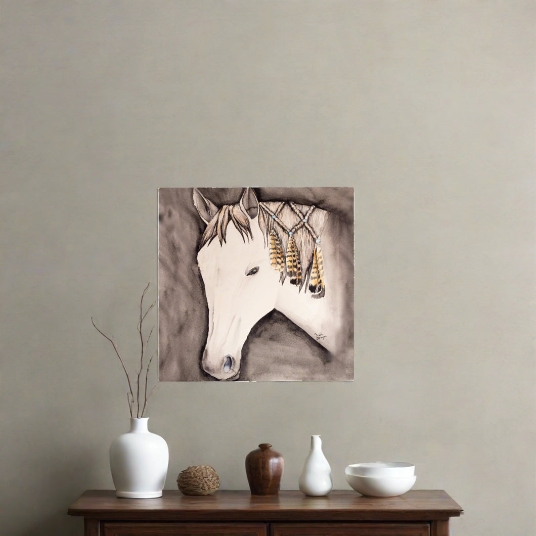 Original watercolor painting of a horse head by Lorenzen Art, depicting the graceful beauty of a horse in intricate detail. Hand-painted at Lorenzen Farm in Oklahoma, this artwork exudes rural charm and craftsmanship. Perfect for gifting on birthdays, holidays, or special occasions, it adds rustic elegance to any space.