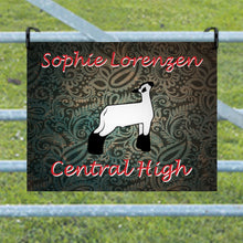 Load image into Gallery viewer, Sheep livestock show signs Lamb livestock show signs Youth exhibitor barn signs Youth exhibitor pen signs Custom metal designs Handcrafted livestock show signs Personalized barn signs Customizable sheep signs Custom lamb signs Lorenzen Farm Art
