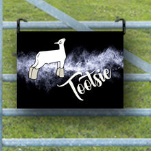 Load image into Gallery viewer, Handcrafted Sheep Stall Sign: Close-up of a beautifully hand-painted sheep nameplate with unique watercolor designs, crafted on metal
