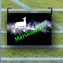 Load image into Gallery viewer, Show Pen with Personalized Signs: An organized show pen showcasing multiple custom sheep name signs, adding a professional touch to the display.
