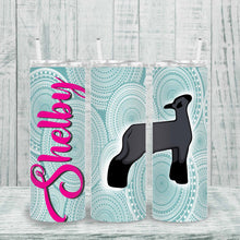 Load image into Gallery viewer, Custom metal show tumbler with personalized name and choice of font. Insulated for temperature retention, complete with lid and straw. Perfect for any livestock event.
