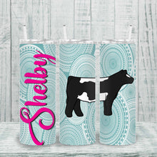 Load image into Gallery viewer, Custom livestock show cup featuring personalized text and vibrant design. Insulated metal tumbler with lid and straw, perfect for keeping beverages at the right temperature
