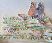 Load image into Gallery viewer, Original 8x10 watercolor painting of a mother hen with five chicks exploring green grass in a layered 3D paper art design.
