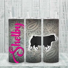 Load image into Gallery viewer, Personalized skinny tumbler for kids featuring custom names and vibrant animal illustrations. Great for livestock shows, school farms, and special occasions.
