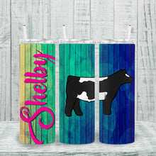 Load image into Gallery viewer, Custom metal show tumbler with personalized name and choice of font. Insulated for temperature retention, complete with lid and straw. Perfect for any livestock event.
