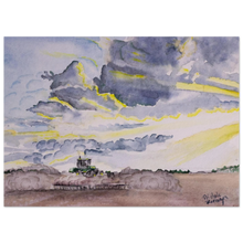 Load image into Gallery viewer, Plowing at Sunset captures the quiet beauty of the day’s end on the farm, as warm sunset colors stretch across the fields and a hardworking tractor finishes its pass. This watercolor artwork reflects the rhythm of farm life and the peaceful moments that come after a long day’s work. Soft washes of color and gentle detail bring a timeless, nostalgic feel to the scene.
