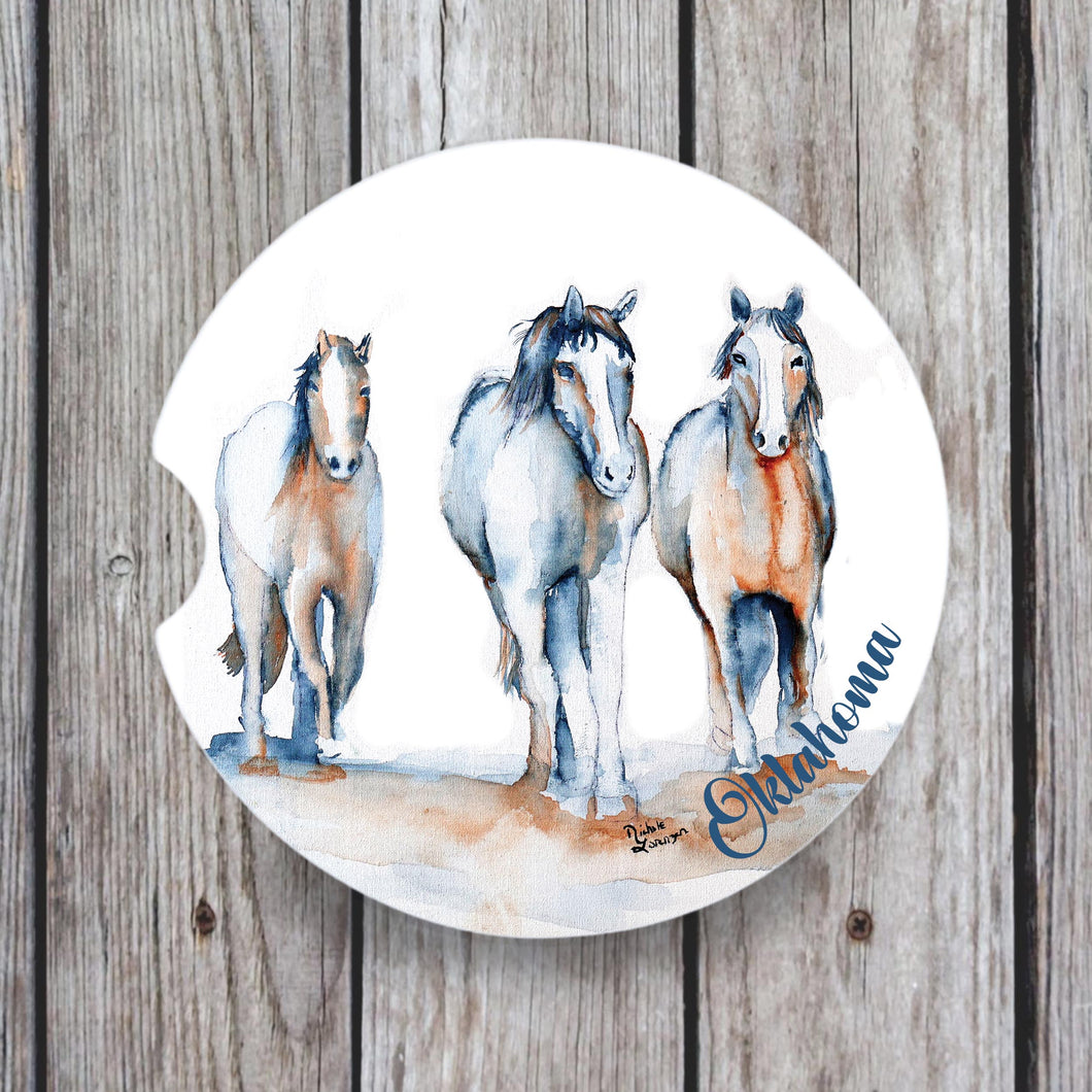 Lorenzen Running Horse Watercolor Car Coaster, handmade absorbent ceramic design that keeps cup holders dry. Ideal for horse lovers and unique vehicle accessories