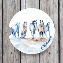 Load image into Gallery viewer, Beautiful handmade Running Horse Watercolor Car Coaster by Lorenzen, crafted from absorbent ceramic to keep moisture off your cup holders. Perfect for horse enthusiasts
