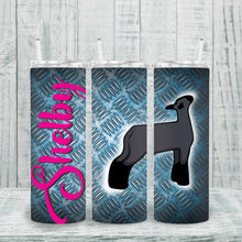 Load image into Gallery viewer, Personalized skinny tumbler for kids featuring custom names and vibrant animal illustrations. Great for livestock shows, school farms, and special occasions.
