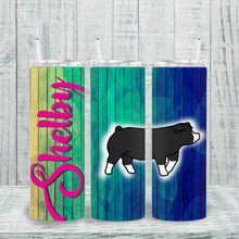 Load image into Gallery viewer, Custom metal show tumbler with personalized name and choice of font. Insulated for temperature retention, complete with lid and straw. Perfect for any livestock event
