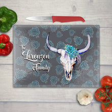 Load image into Gallery viewer, Tempered glass cutting boards with Southwestern-inspired cow skull watercolor designs-add your custom saying
