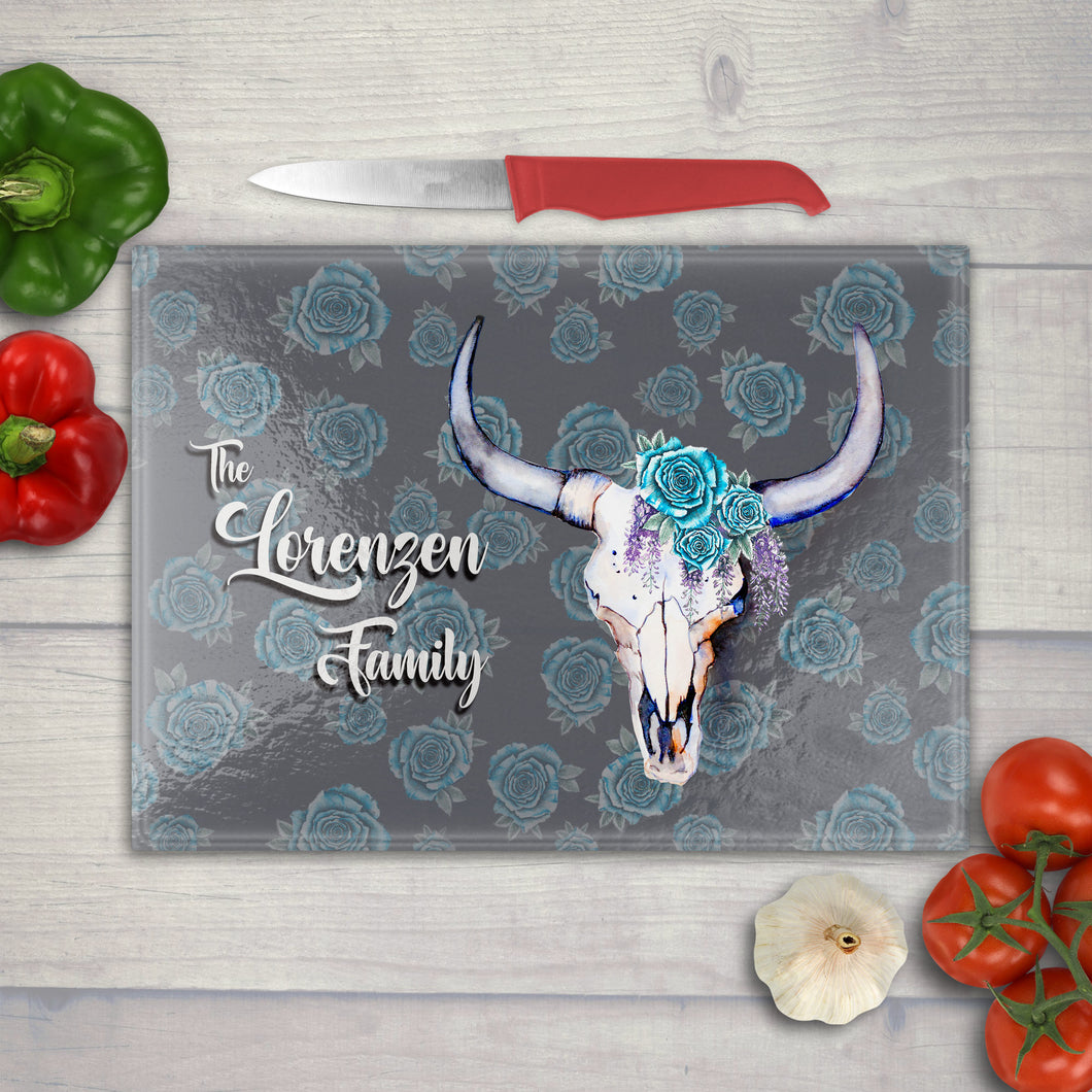 Tempered glass cutting boards with Southwestern-inspired cow skull watercolor designs-add your custom saying