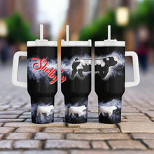 Load image into Gallery viewer, Custom 40 oz metal tumbler with handle, straw, and lid, showcasing vibrant designs for livestock lovers. Ideal for shows and everyday use.
