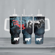 Load image into Gallery viewer, Custom 40 oz metal tumbler with handle, straw, and lid, showcasing vibrant designs for livestock lovers. Ideal for shows and everyday use.
