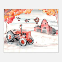 Load image into Gallery viewer, Watercolor art print of a vintage farm tractor parked near a rustic red barn, surrounded by open fields and soft countryside details, painted in warm, muted tones that reflect traditional rural farm life.
