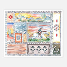 Load image into Gallery viewer, Watercolor wall art print featuring a western art with detailed cacti, cowgirl and warm farmhouse tones, capturing the charm and personality of country life in a rustic, hand-painted style.
